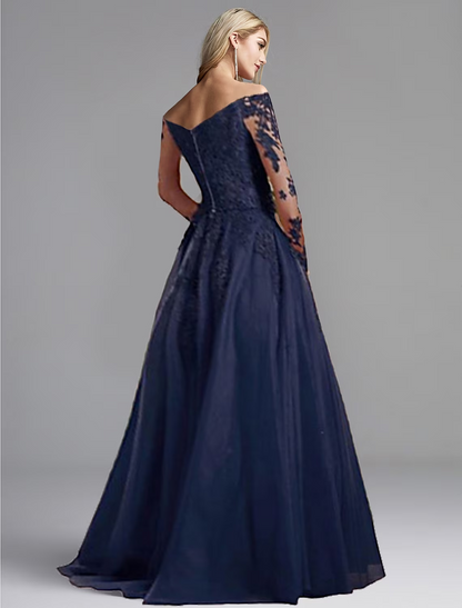 A-Line Evening Gown Open Back Dress Formal Evening Long Sleeve Plunging Neck Chiffon with Appliques