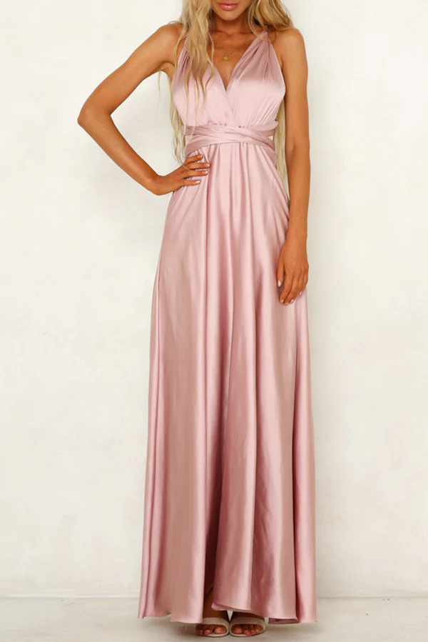 Elegant solid color backless shoulder strap design V-neck evening dress