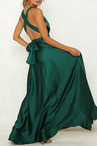 Elegant solid color backless shoulder strap design V-neck evening dress