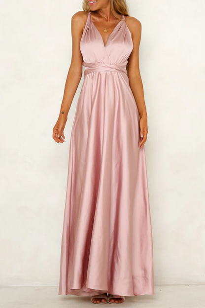 Elegant solid color backless shoulder strap design V-neck evening dress