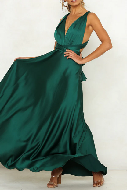 Elegant solid color backless shoulder strap design V-neck evening dress