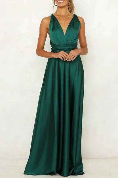 Elegant solid color backless shoulder strap design V-neck evening dress