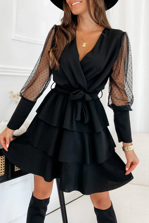 Elegant solid color mesh V-neck short dress