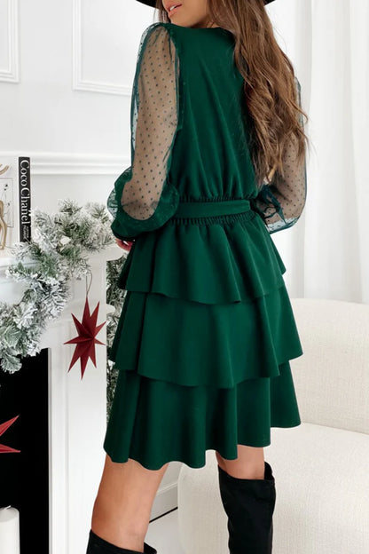 Elegant solid color mesh V-neck short dress