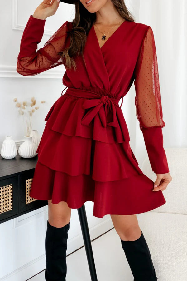 Elegant solid color mesh V-neck short dress
