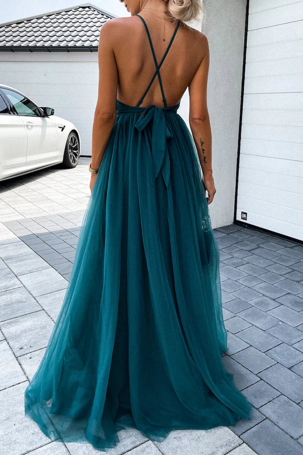 Elegant solid color mesh neck and floor length dress