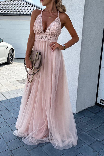 Elegant solid color mesh neck and floor length dress