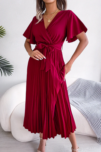 Solid color pleated V-neck high waisted skirt dress