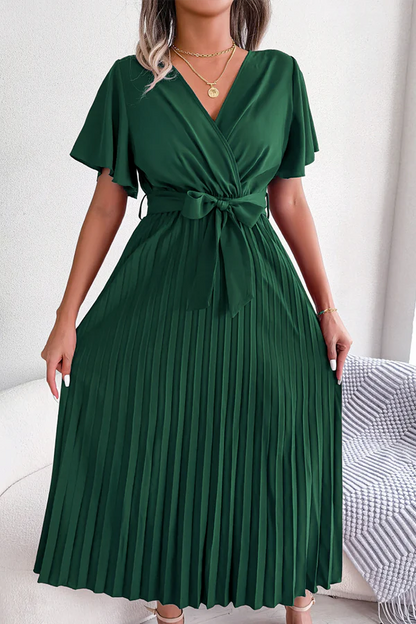 Solid color pleated V-neck high waisted skirt dress