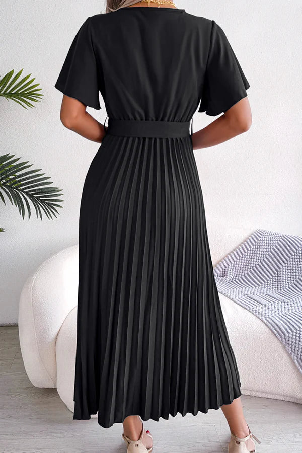 Solid color pleated V-neck high waisted skirt dress