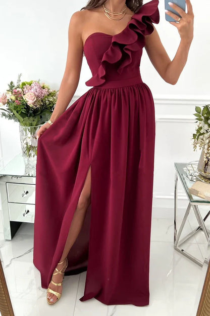 Elegant printed off shoulder patchwork ruffle edge sloping collar backless and floor length dress