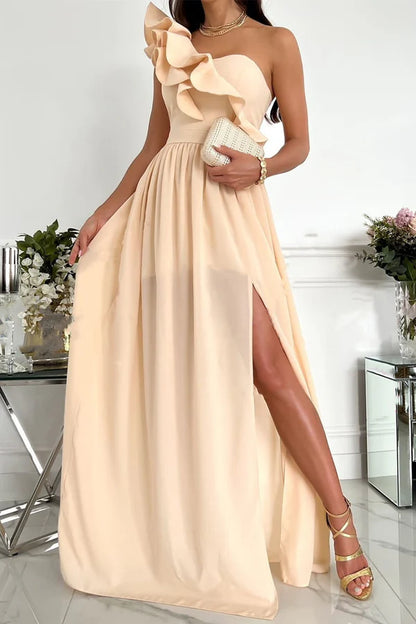 Elegant printed off shoulder patchwork ruffle edge sloping collar backless and floor length dress