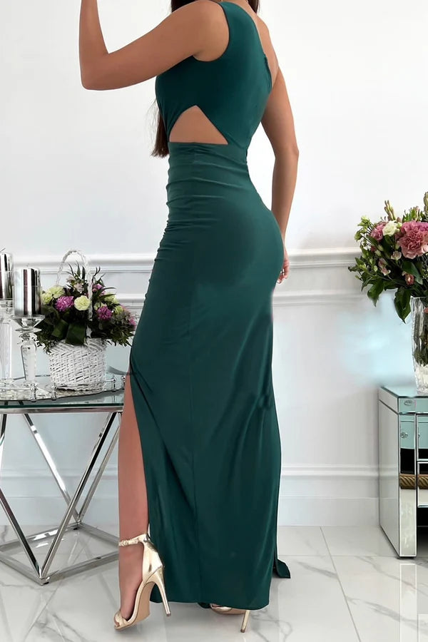 Fashionable hollow out slanted neck sleeveless dress