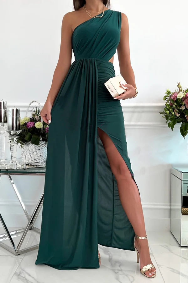 Elegant slanted neck sleeveless long dress