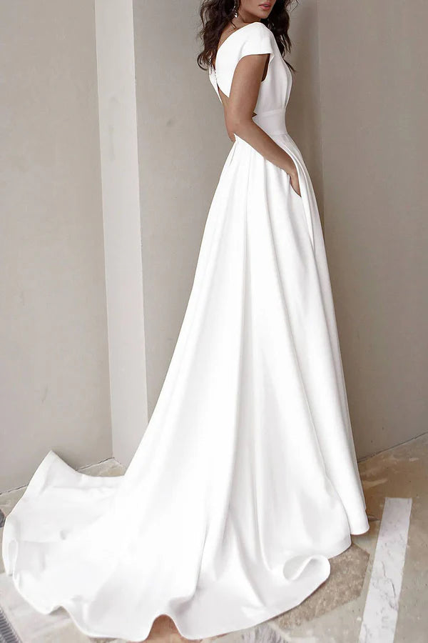 Elegant solid color asymmetrical V-neck evening dress