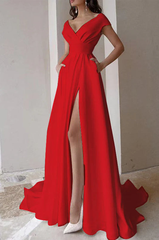 Elegant solid color asymmetrical V-neck evening dress