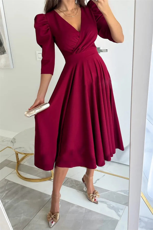 Elegant solid color V-neck A-line tea long dress