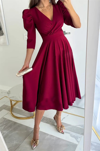 Elegant solid color V-neck A-line tea long dress