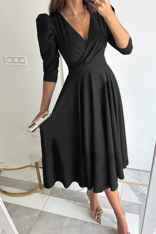 Elegant solid color V-neck A-line tea long dress