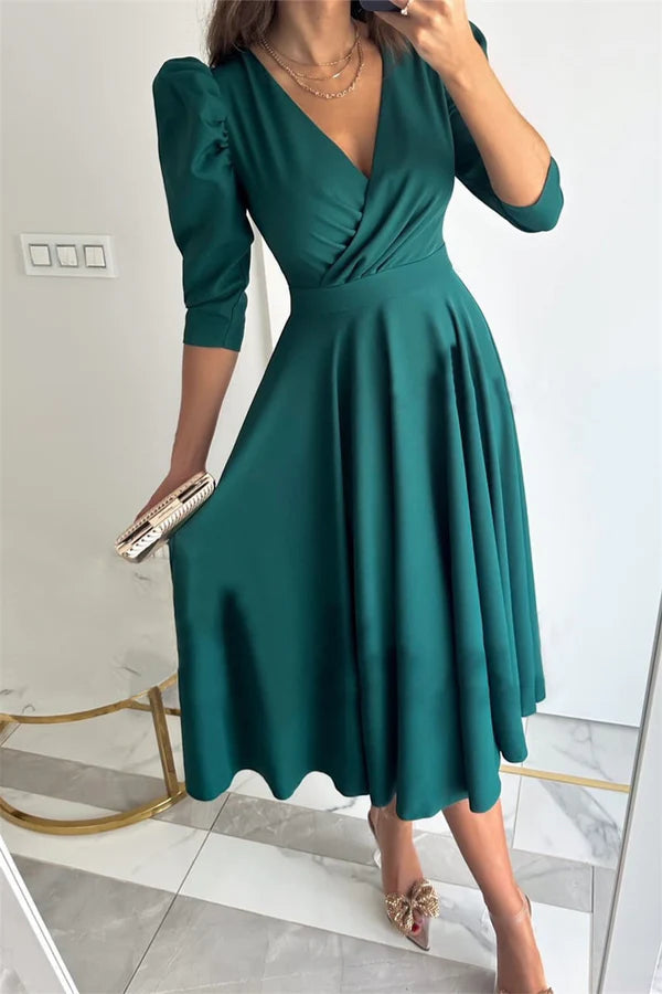 Elegant solid color V-neck A-line tea long dress