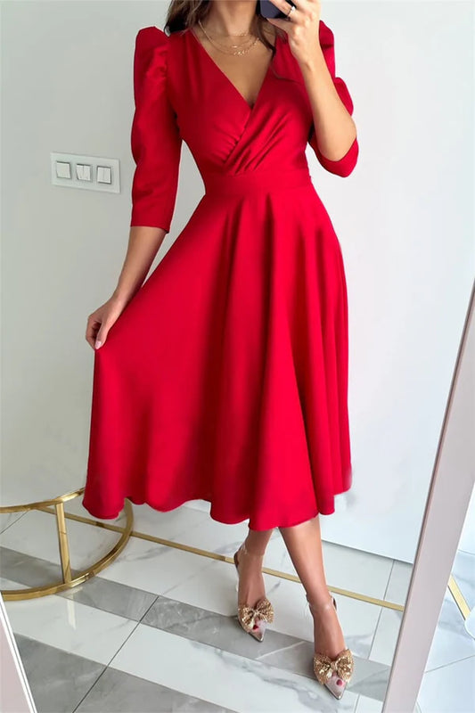 Elegant solid color V-neck A-line tea long dress