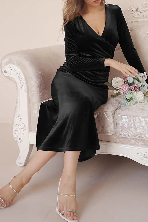 Elegant long sleeved solid color V-neck tea long evening gown
