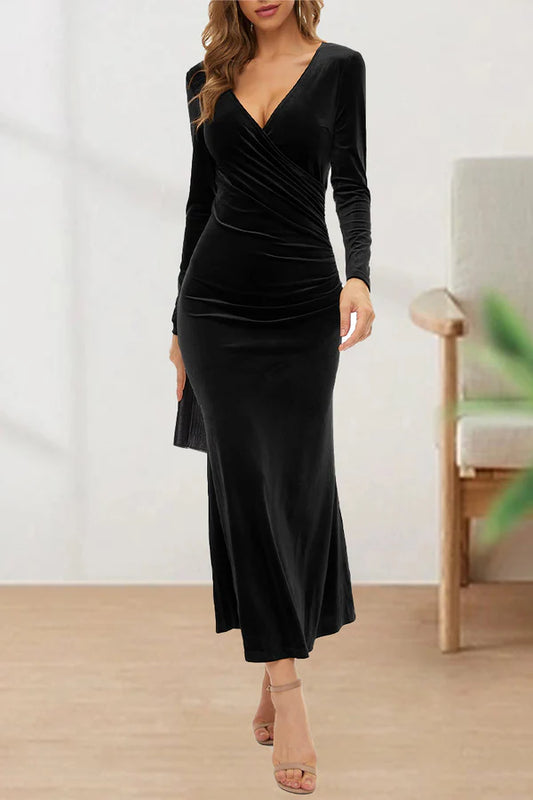 Elegant long sleeved solid color V-neck tea long evening gown