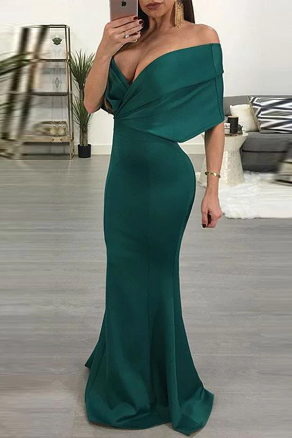 Elegant off shoulder flared fish tail off shoulder and floor length dress
