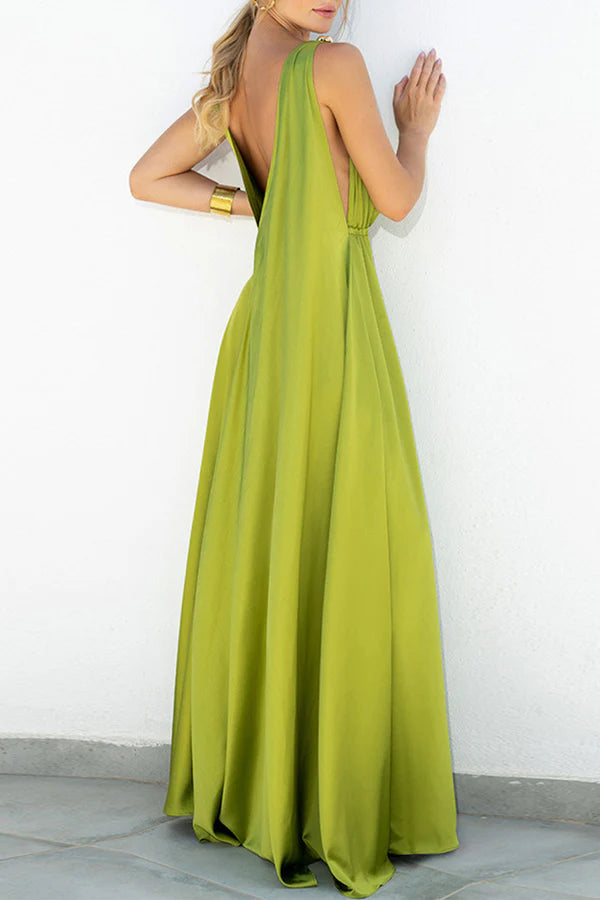 Elegant solid color V-neck A-line backless and floor length dress