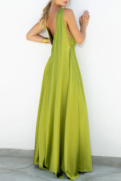 Elegant solid color V-neck A-line backless and floor length dress