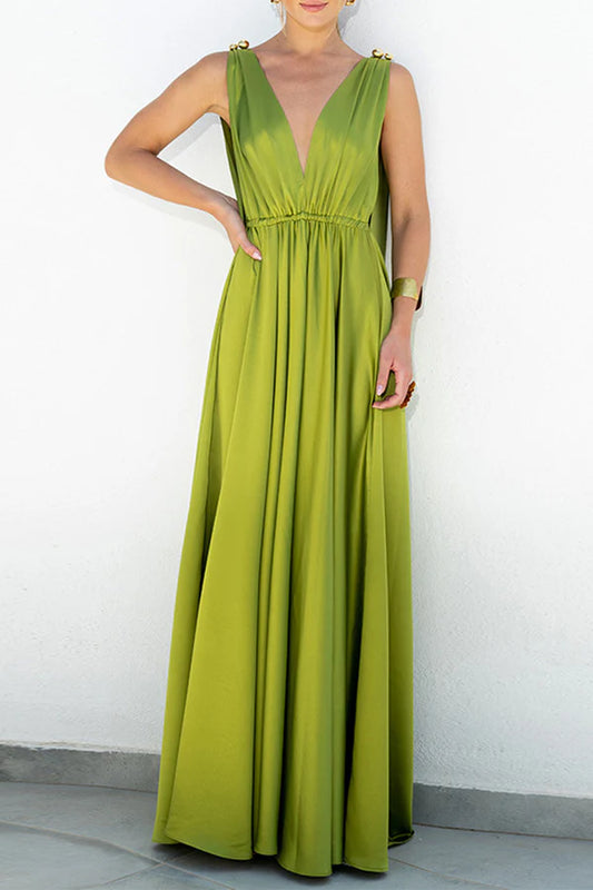 Elegant solid color V-neck A-line backless and floor length dress
