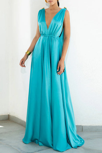 Elegant solid color V-neck A-line backless and floor length dress