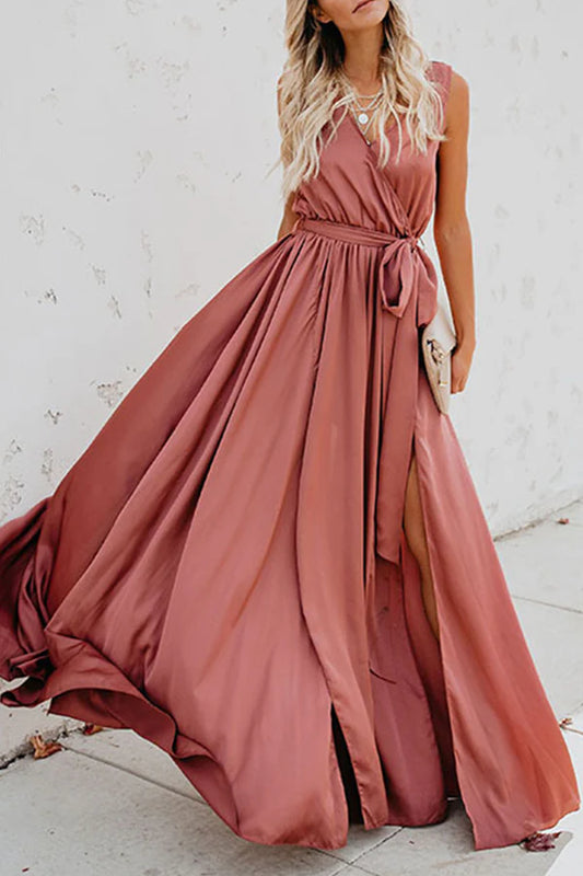 Elegant sleeveless off shoulder solid color high opening V-neck and floor length dress