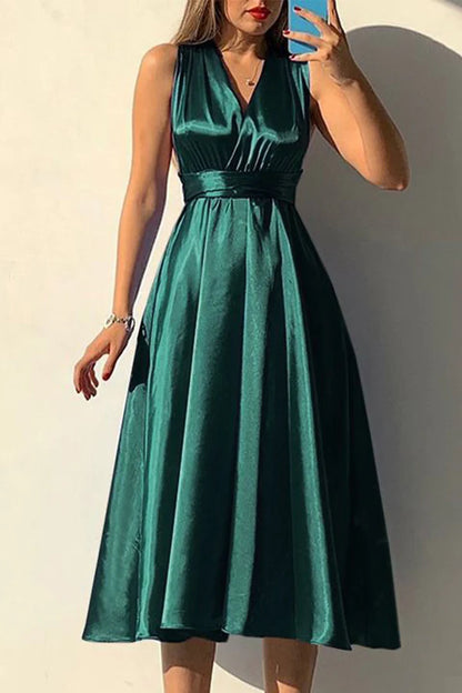 Elegant solid color off shoulder lace up solid color V-neck backless tea long dress