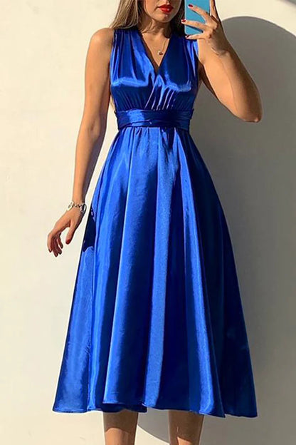 Elegant solid color off shoulder lace up solid color V-neck backless tea long dress
