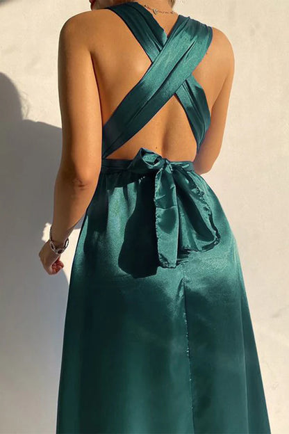 Elegant solid color off shoulder lace up solid color V-neck backless tea long dress