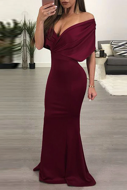 Elegant off shoulder flared fish tail off shoulder and floor length dress