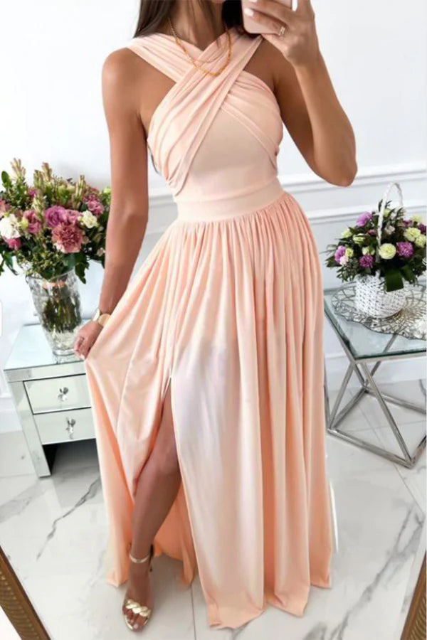 Elegant off shoulder solid color backless side slit A-line dress