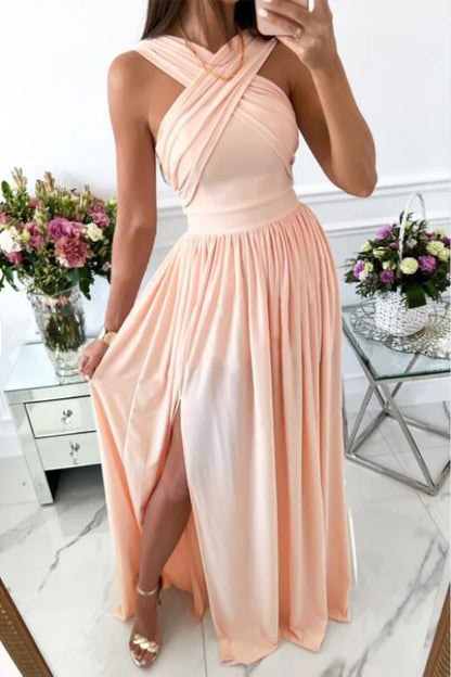 Elegant off shoulder solid color backless side slit A-line dress