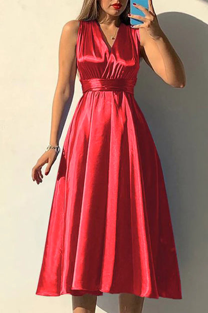 Elegant solid color off shoulder lace up solid color V-neck backless tea long dress