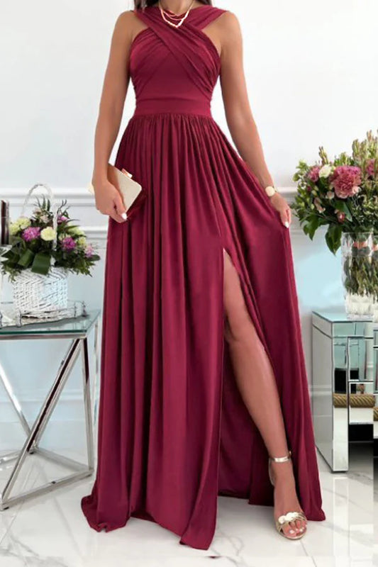 Elegant off shoulder solid color backless side slit A-line dress