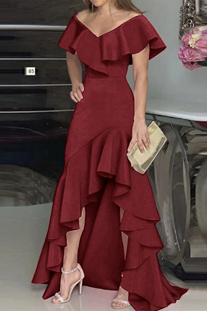 Elegant solid color ruffled V-neck irregular and floor length dress