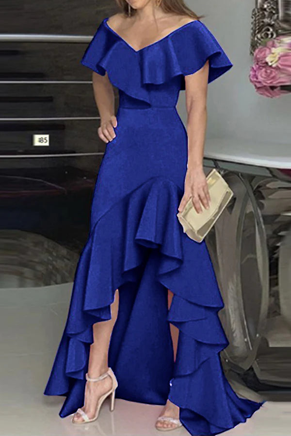 Elegant solid color ruffled V-neck irregular and floor length dress