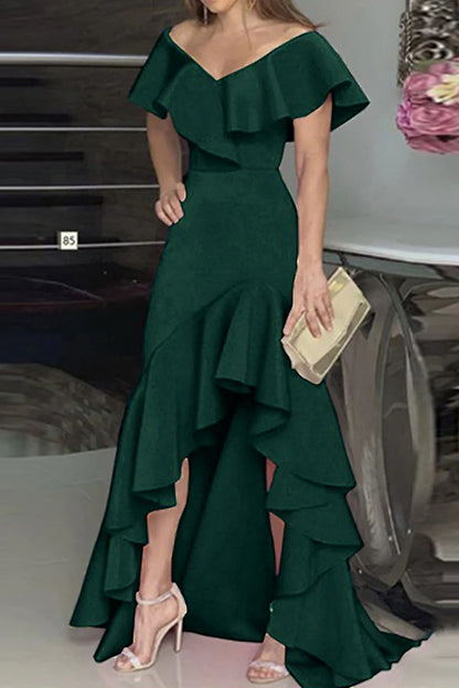 Elegant solid color ruffled V-neck irregular and floor length dress
