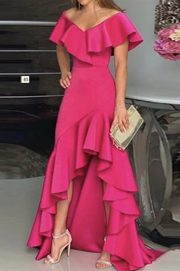 Elegant solid color ruffled V-neck irregular and floor length dress