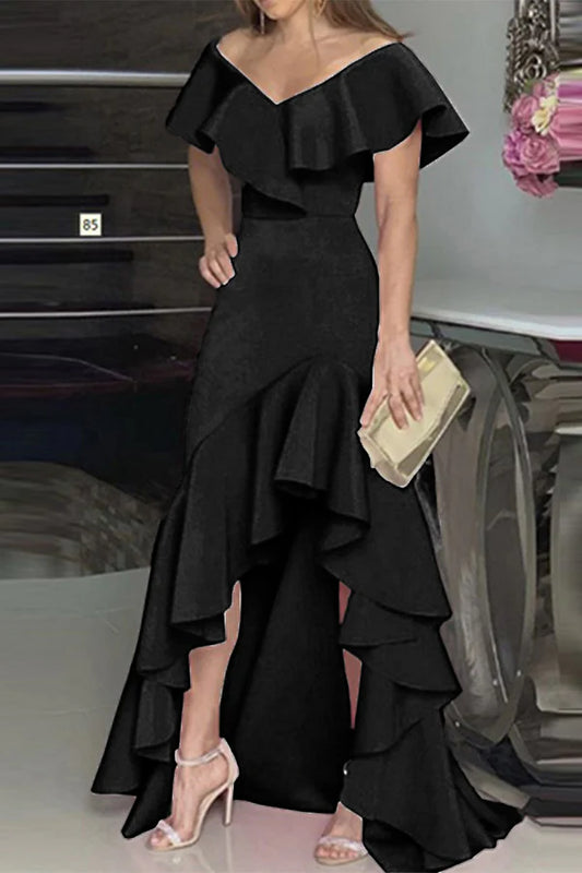 Elegant solid color ruffled V-neck irregular and floor length dress