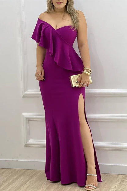 Elegant solid color ruffled slit asymmetrical one shoulder dress