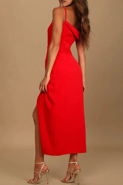 Elegant solid color slit asymmetric irregular Prom dress