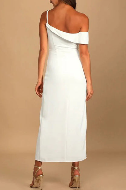 Elegant solid color slit asymmetric irregular Prom dress