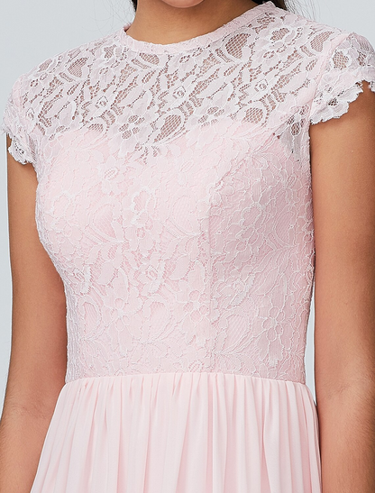A-Line Bridesmaid Dress Jewel Neck Sleeveless Elegant Floor Length Chiffon with Lace